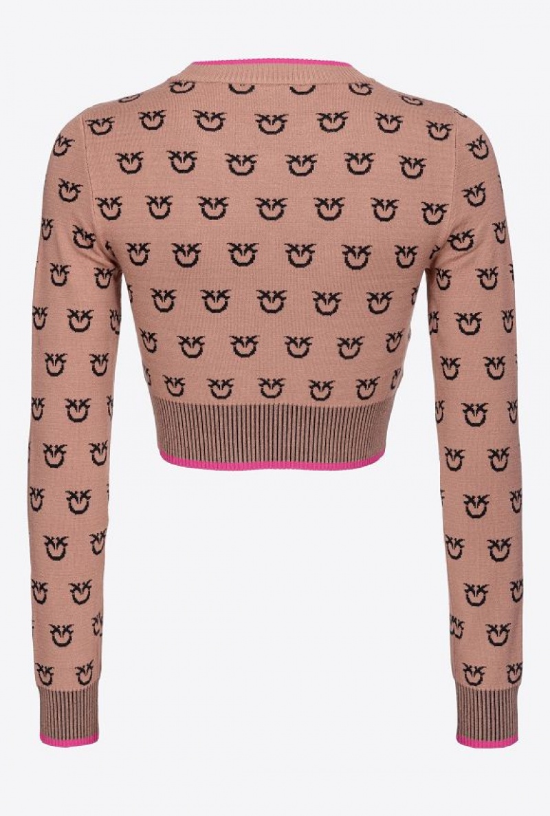 Pinko Cropped Logo Jacquard Sweater CAMEL/BLACK | SN-PKO33529