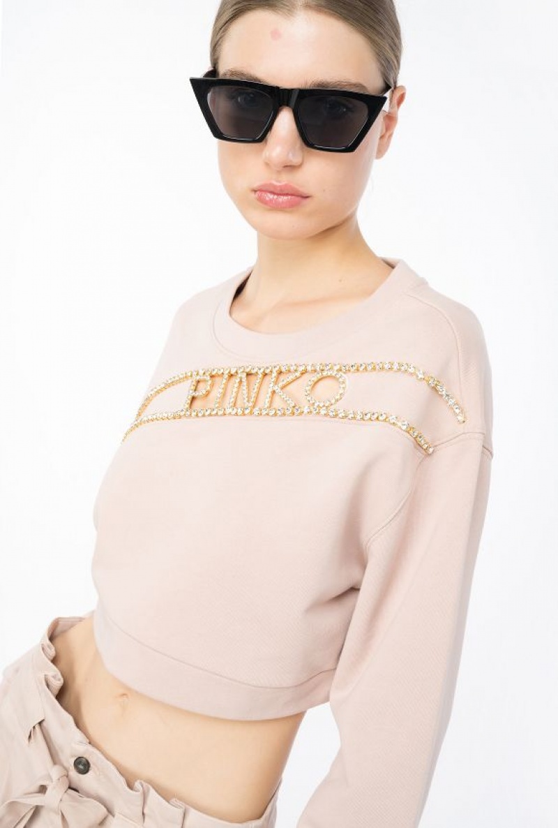 Pinko Cropped Sweatshirt With Rhinestone Logo NUDE - BABY | SN-PKO33474