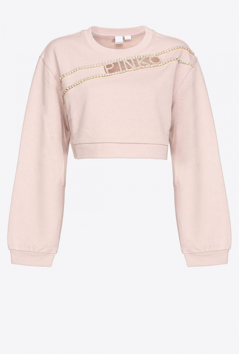 Pinko Cropped Sweatshirt With Rhinestone Logo NUDE - BABY | SN-PKO33474