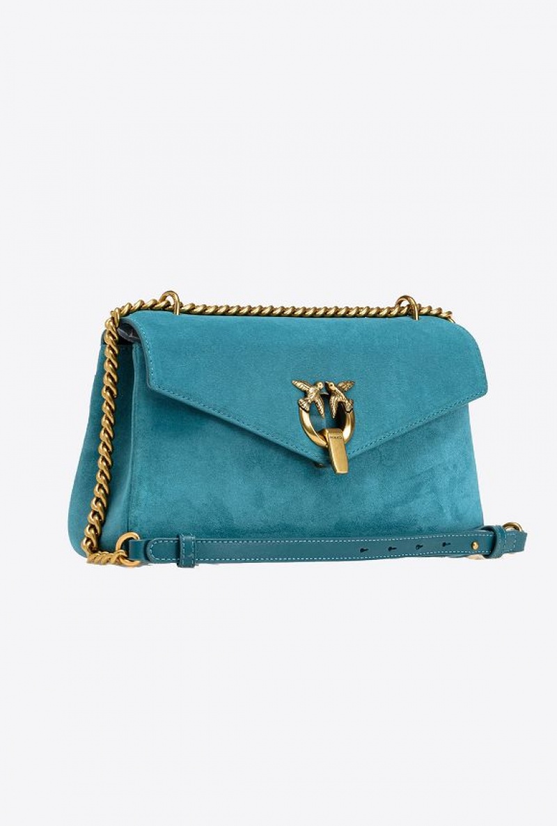 Pinko Cupido Bag Baguette In Suede PACIFIC BLUE-ANTIQUE GOLD | SN-PKO32450