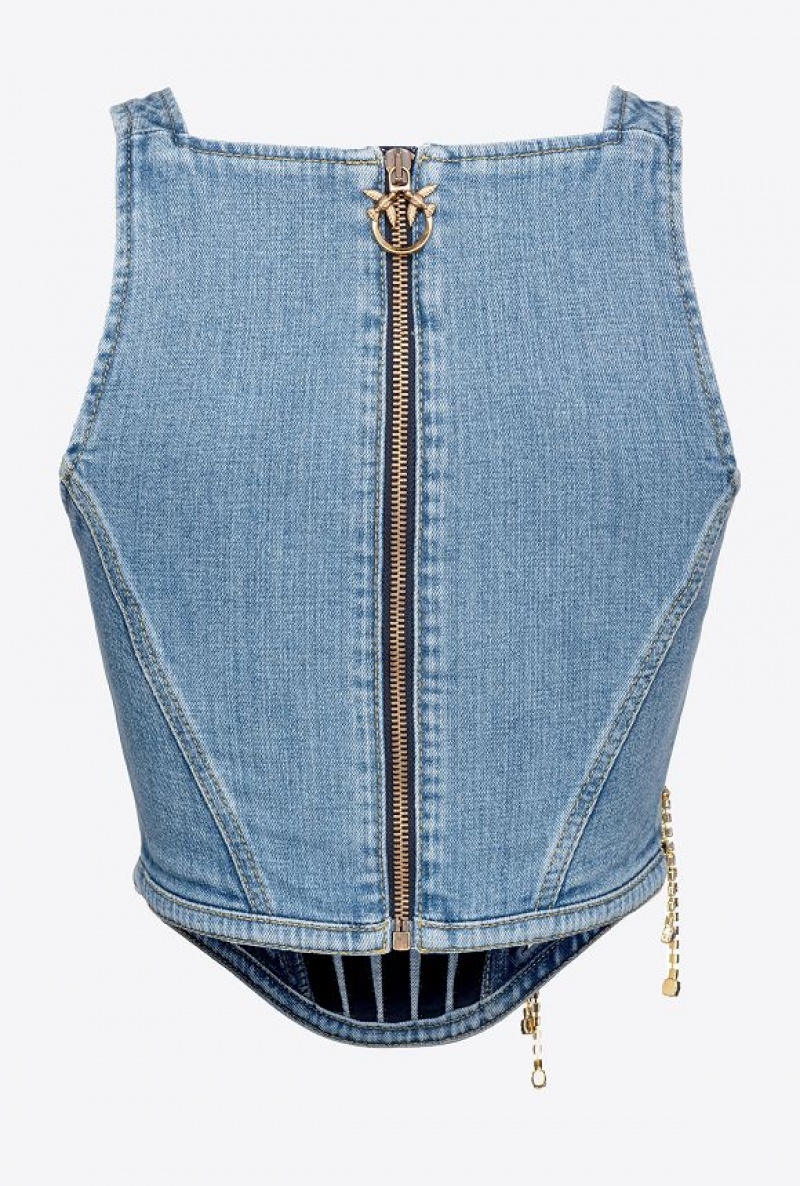 Pinko Denim Bustier Top With Rhinestone Logo LIGHT VINTAGE WASH | SN-PKO33281