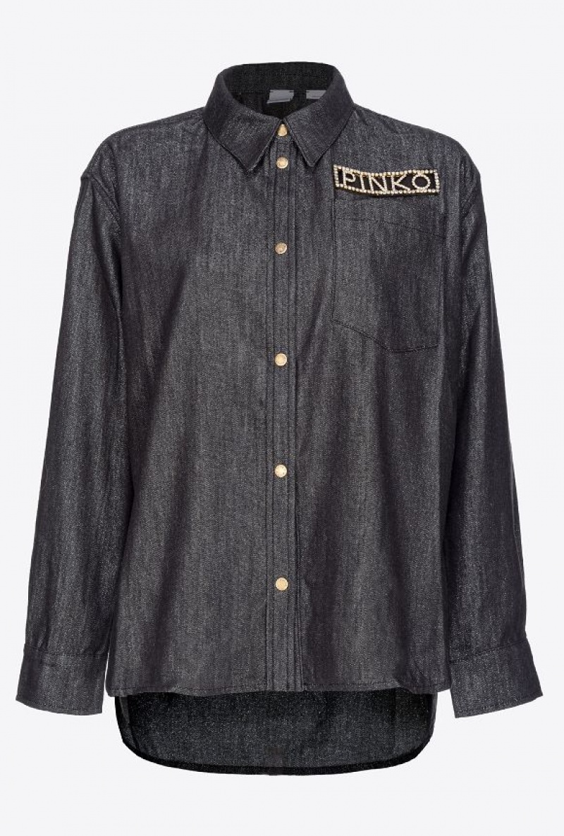 Pinko Denim Shirt With Rhinestone Logo BLACK/SILVER | SN-PKO33179