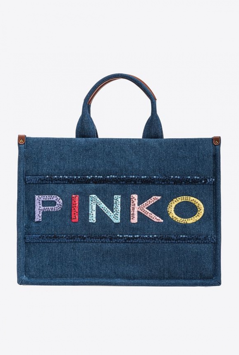 Pinko Denim Shopper Bag With Sequinned Logo BLUE DENIM-ANTIQUE GOLD | SN-PKO32877