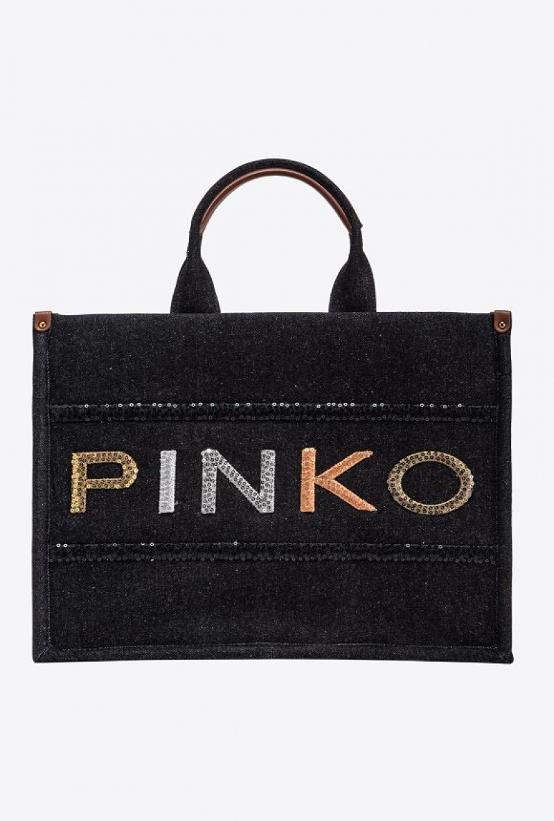 Pinko Denim Shopper Bag With Sequinned Logo BLACK DENIM-ANTIQUE GOLD | SN-PKO32908