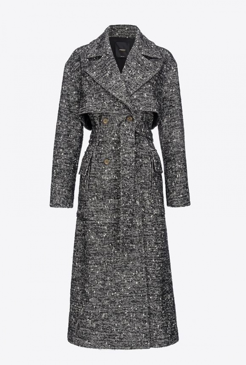 Pinko Double-breasted Tweed Trench Coat BLACK/WHITE | SN-PKO33648