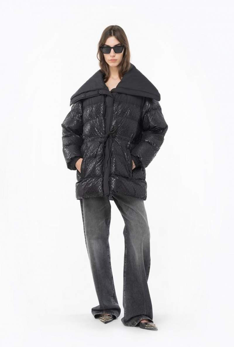 Pinko Down Jacket With Glossy Logo Print LIMO BLACK | SN-PKO33606