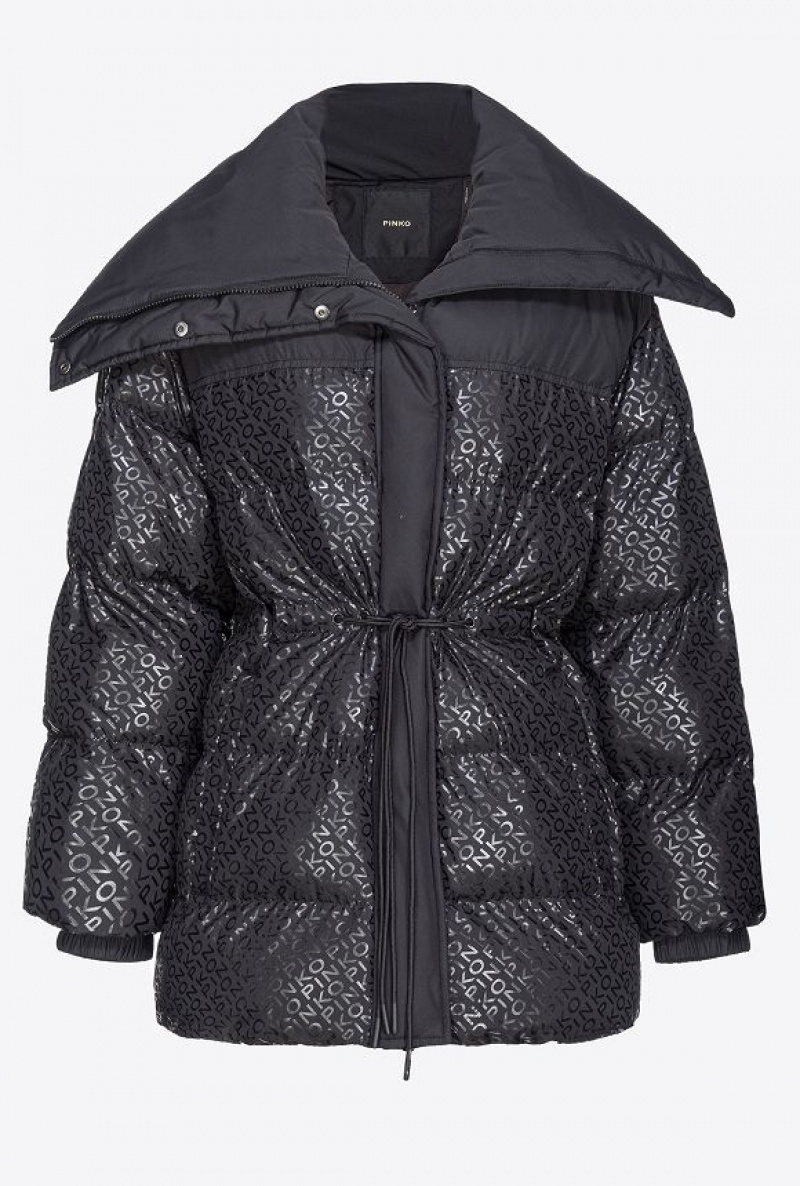 Pinko Down Jacket With Glossy Logo Print LIMO BLACK | SN-PKO33606