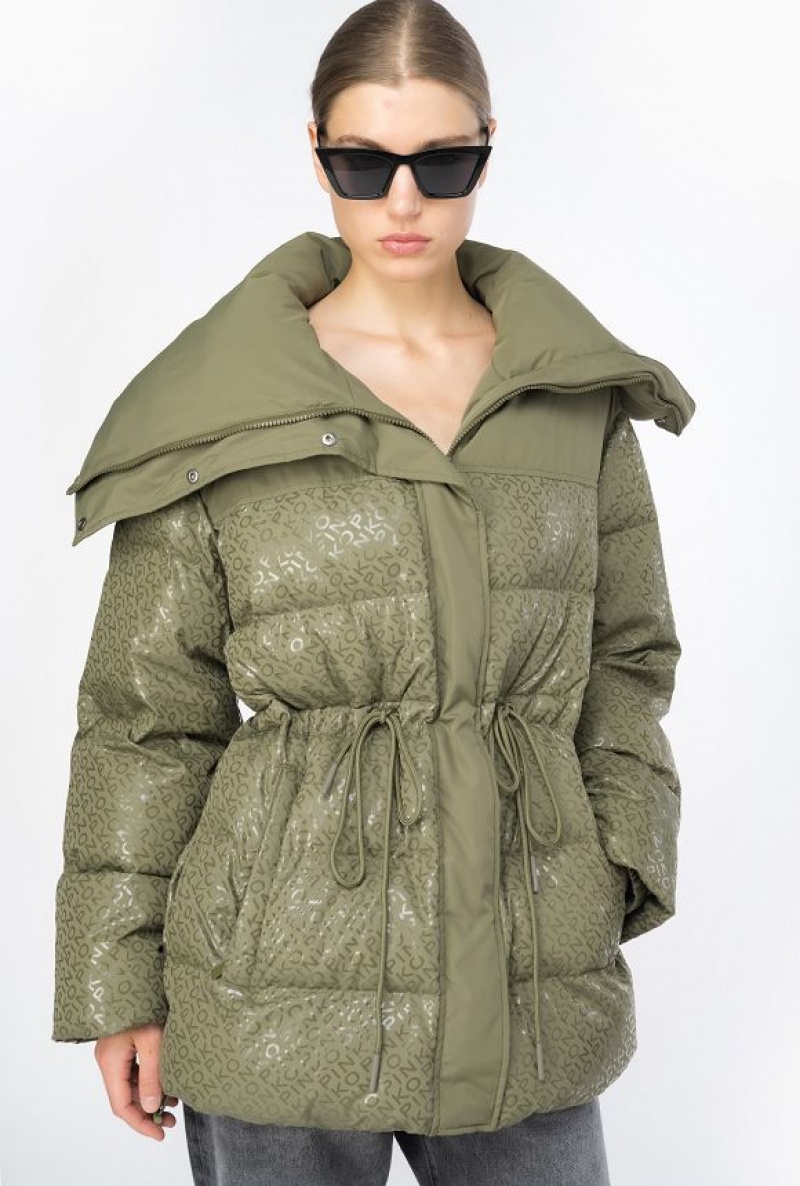 Pinko Down Jacket With Glossy Logo Print CYPRESS GREEN | SN-PKO33643