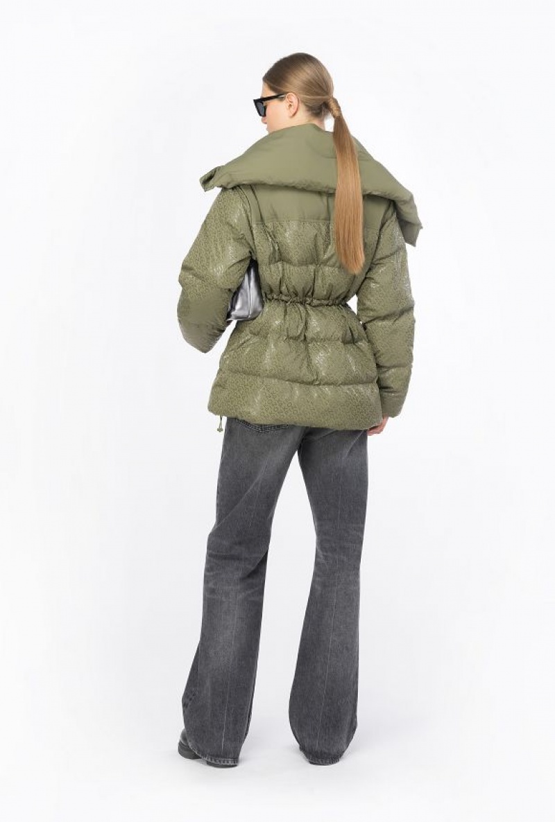 Pinko Down Jacket With Glossy Logo Print CYPRESS GREEN | SN-PKO33643