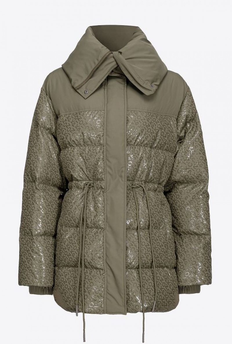 Pinko Down Jacket With Glossy Logo Print CYPRESS GREEN | SN-PKO33643