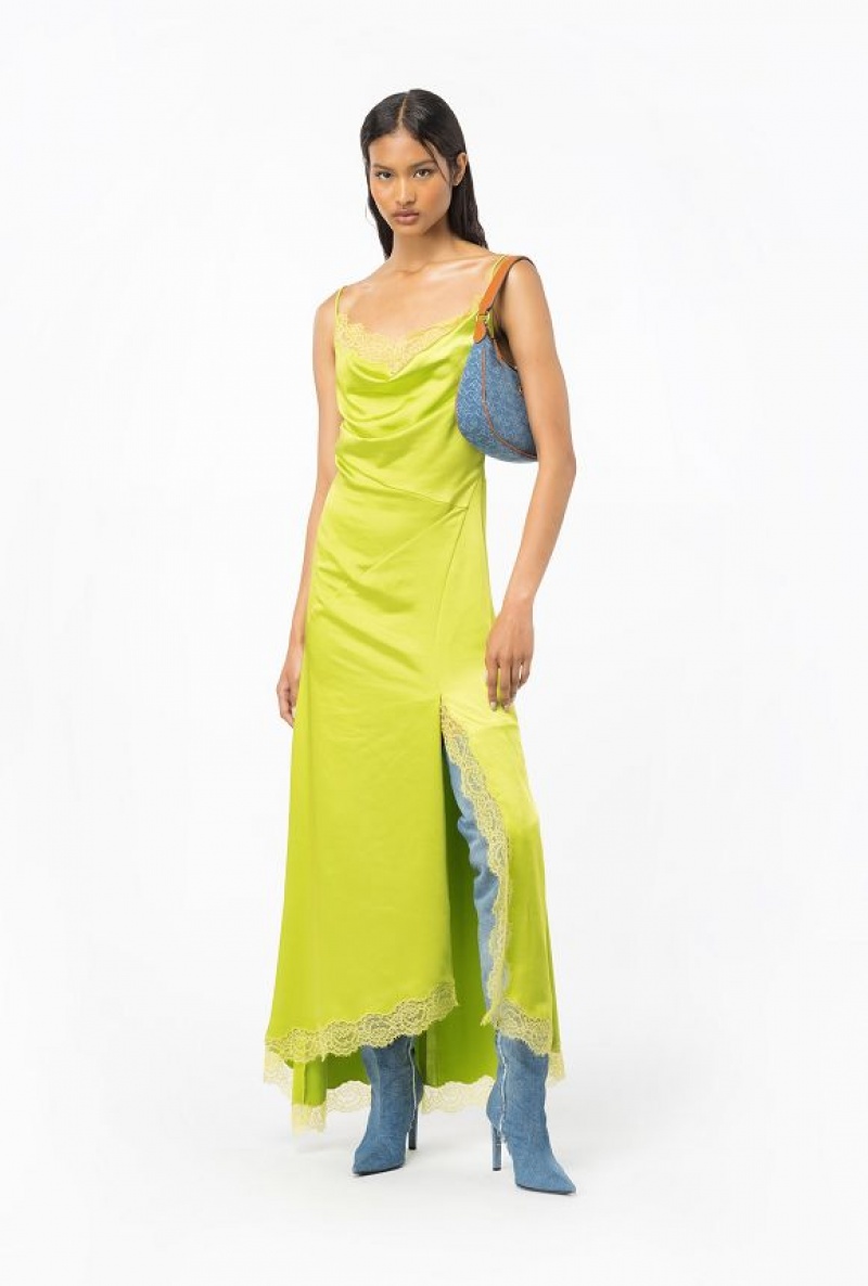 Pinko Elegant Satin And Lace Dress LIME YELLOW | SN-PKO33029