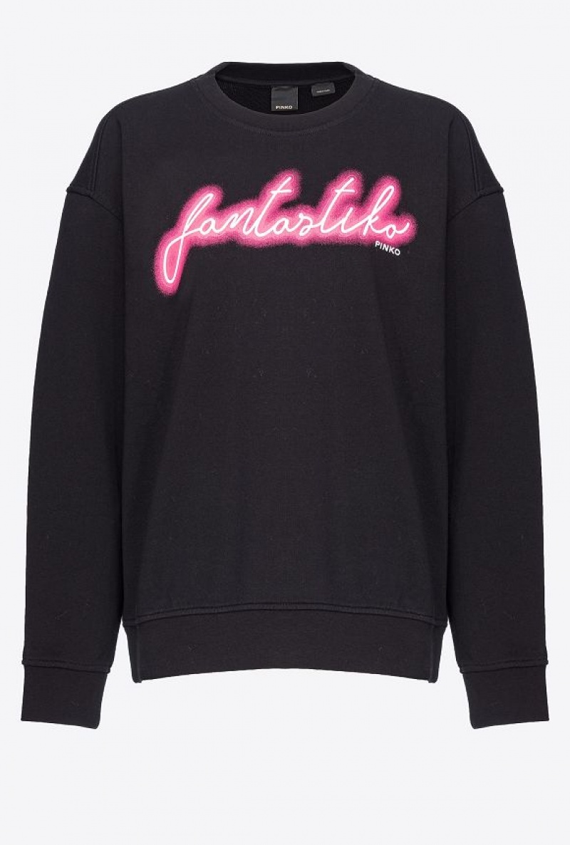 Pinko Fantastiko-print Sweatshirt BLACK/FUCHSIA | SN-PKO33473