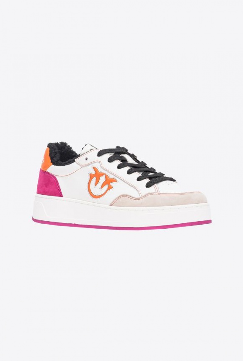 Pinko Faux Fur Basketball Sneakers With Logo OFF WHITE/ORANGE/FUSCHIA | SN-PKO34119