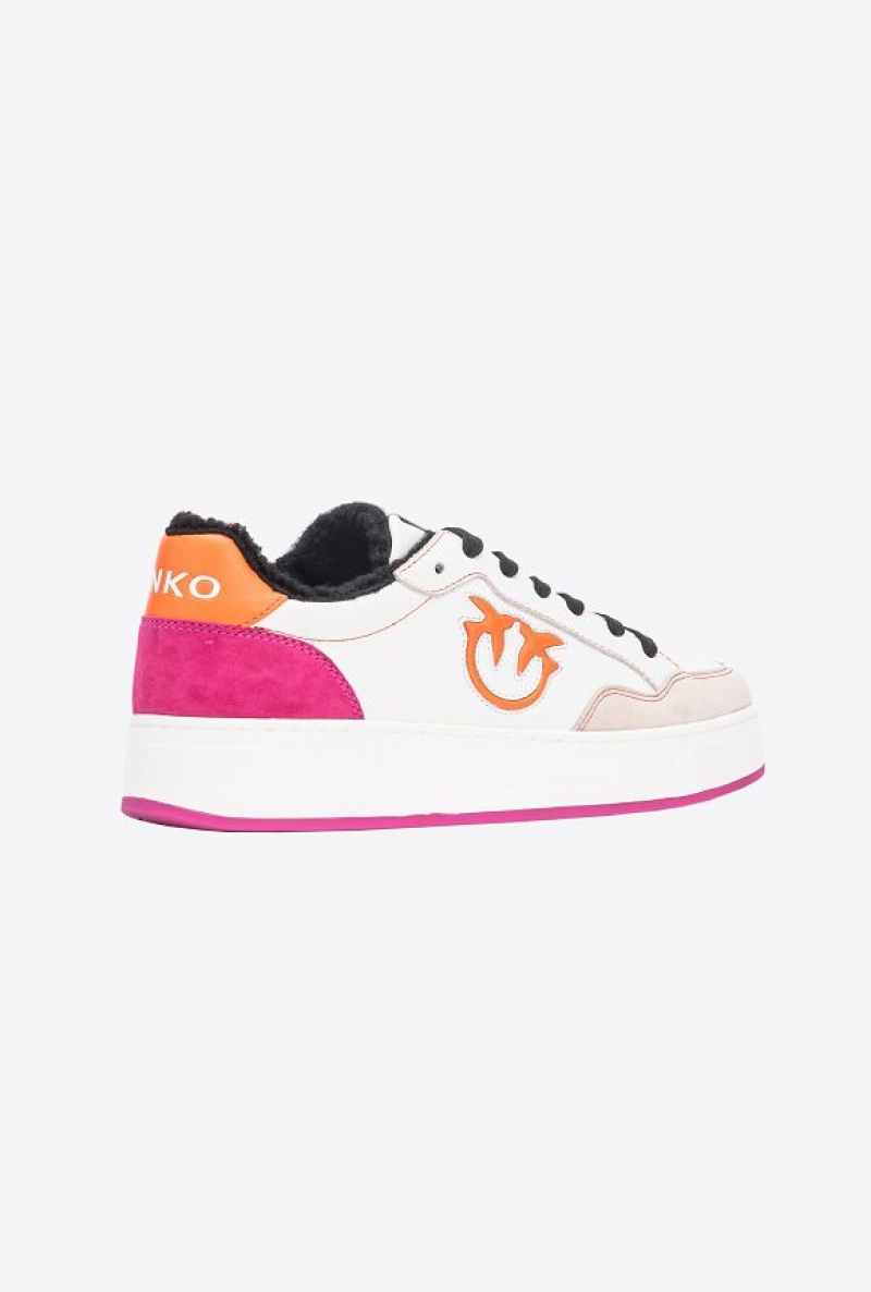 Pinko Faux Fur Basketball Sneakers With Logo OFF WHITE/ORANGE/FUSCHIA | SN-PKO34119