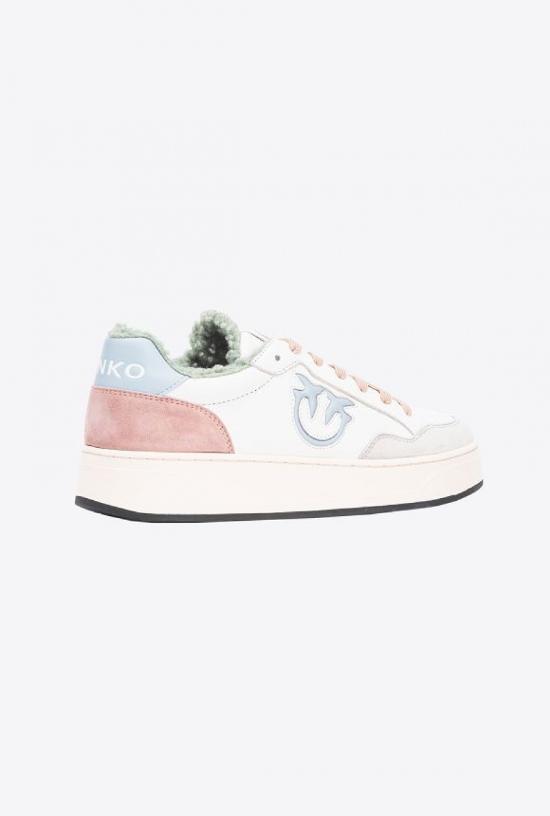 Pinko Faux Fur Basketball Sneakers With Logo OFF WHITE/BEIGE/MINT | SN-PKO34121