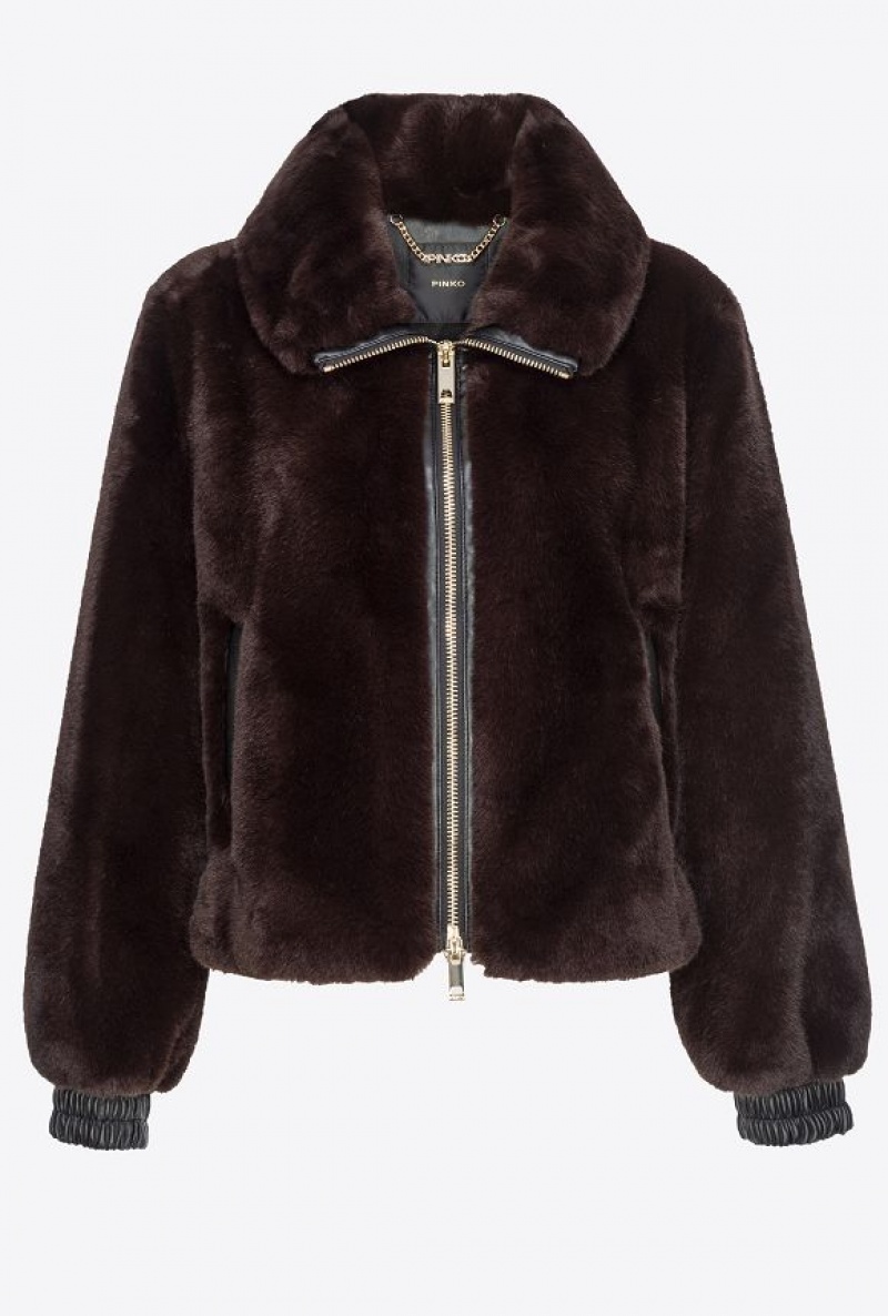 Pinko Faux Fur Bomber Jacket BLACK COFFEE-BROWN | SN-PKO33677