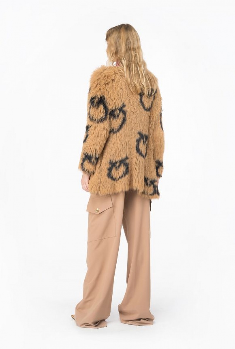 Pinko Faux Fur Coat With Love Birds Logo CAMEL/BLACK | SN-PKO33633