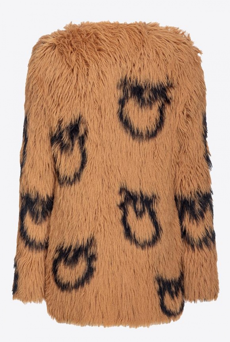 Pinko Faux Fur Coat With Love Birds Logo CAMEL/BLACK | SN-PKO33633