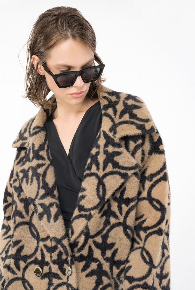 Pinko Faux Fur Love Birds Coat CAMEL/BLACK | SN-PKO33588