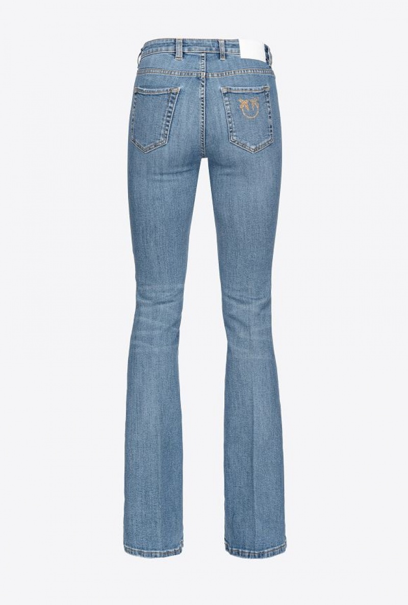 Pinko Flared Blue Stretch Denim Jeans With Love Birds Embroidery MID WASH | SN-PKO34016