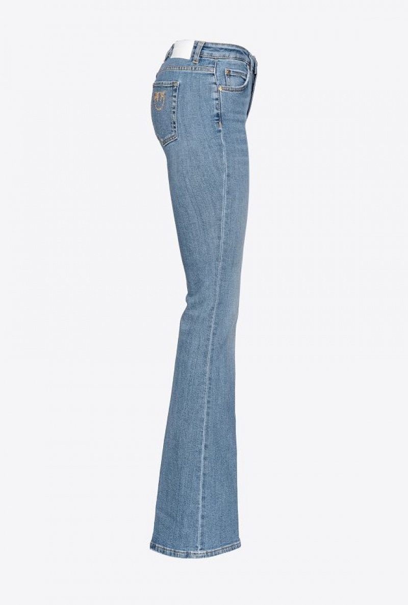 Pinko Flared Blue Stretch Denim Jeans With Love Birds Embroidery MID WASH | SN-PKO34016