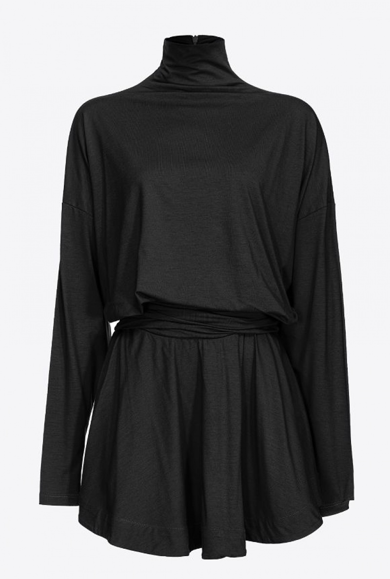 Pinko Flowing Jersey Turtleneck Mini Dress LIMO BLACK | SN-PKO33044