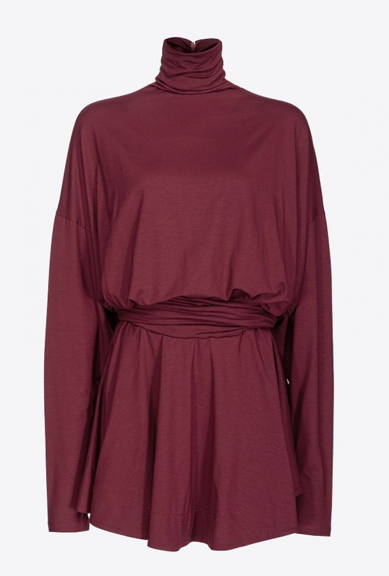 Pinko Flowing Jersey Turtleneck Mini Dress BURGUNDY-PORT ROYALE | SN-PKO33084