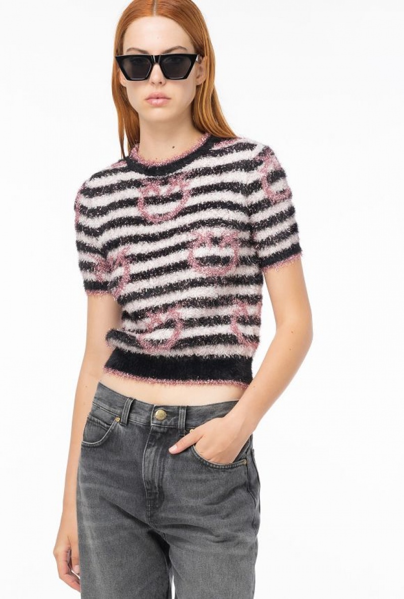 Pinko Fringed Lurex Sweater WHITE/BLACK/PINK | SN-PKO33430