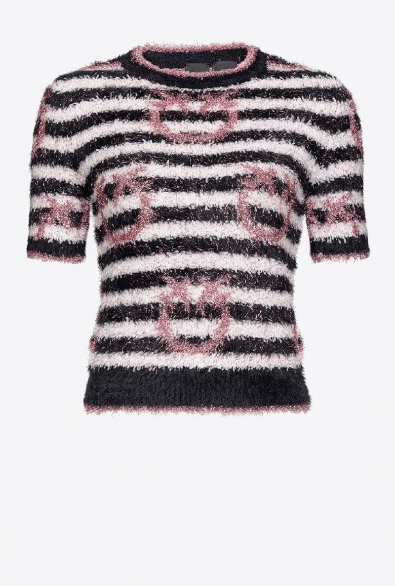 Pinko Fringed Lurex Sweater WHITE/BLACK/PINK | SN-PKO33855