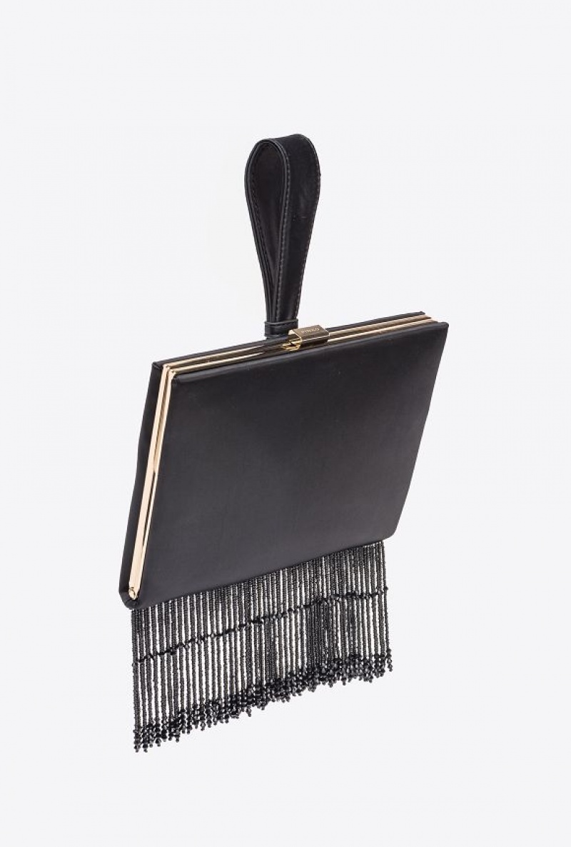 Pinko Fringed Satin Handbag LIMO BLACK-SHINY GOLD | SN-PKO32845