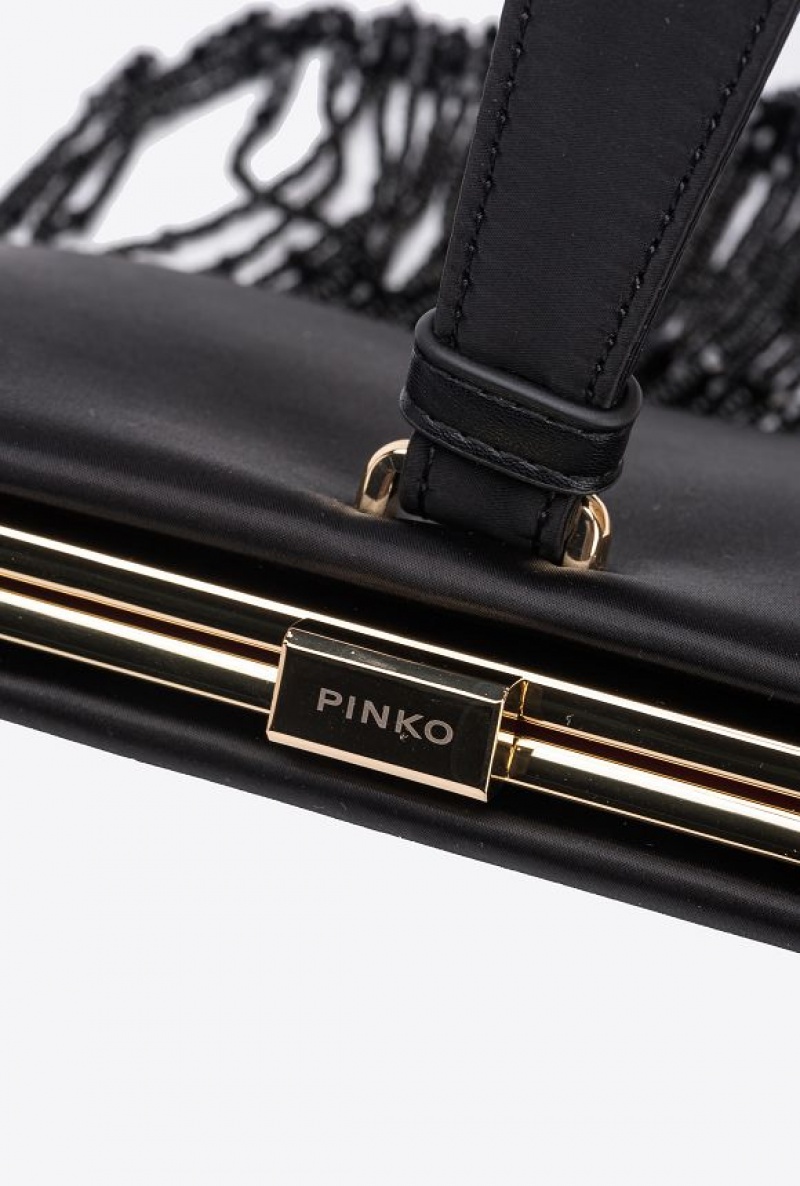 Pinko Fringed Satin Handbag LIMO BLACK-SHINY GOLD | SN-PKO32845