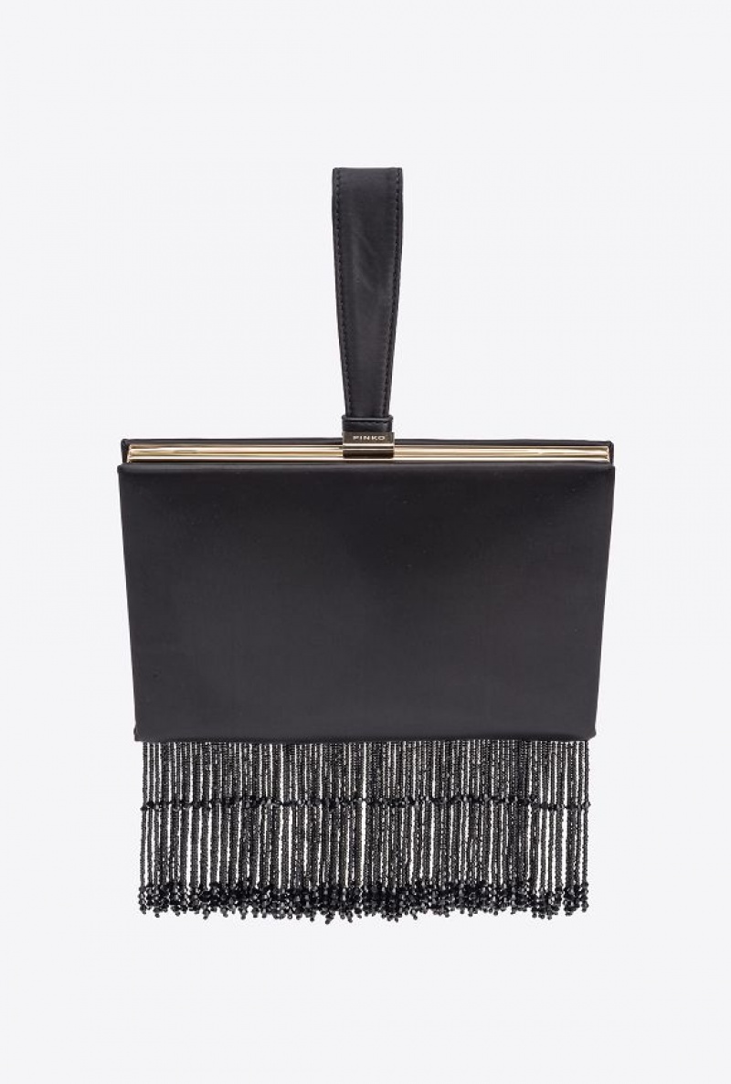 Pinko Fringed Satin Handbag LIMO BLACK-SHINY GOLD | SN-PKO32845