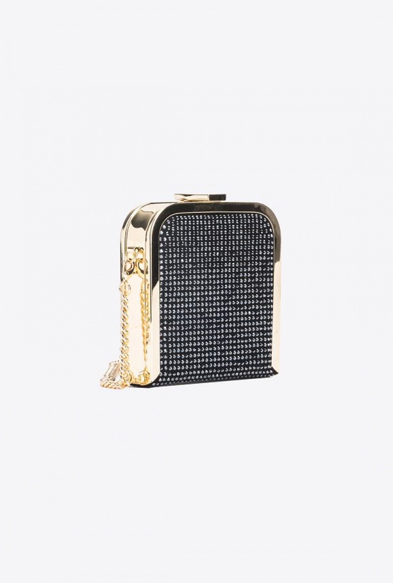 Pinko Fully Rhinestoned Box Clutch LIMO BLACK-SHINY GOLD | SN-PKO32427