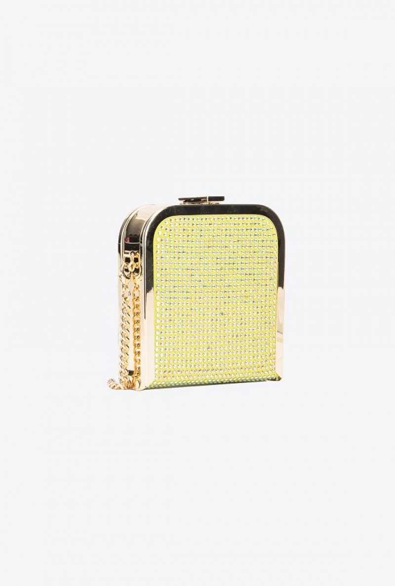 Pinko Fully Rhinestoned Box Clutch YELLOW LIME-SHINY GOLD | SN-PKO32425