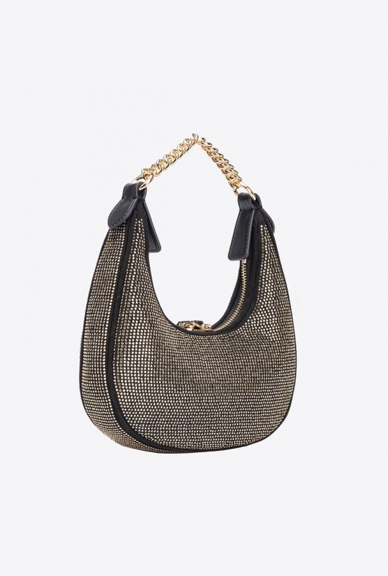 Pinko Fully Rhinestoned Mini Brioche Bag Hobo LIMO BLACK-SHINY GOLD | SN-PKO32732