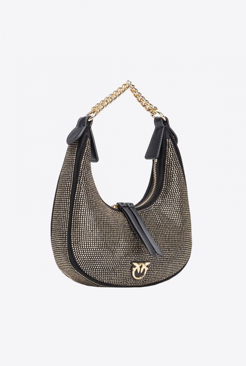 Pinko Fully Rhinestoned Mini Brioche Bag Hobo LIMO BLACK-SHINY GOLD | SN-PKO32732