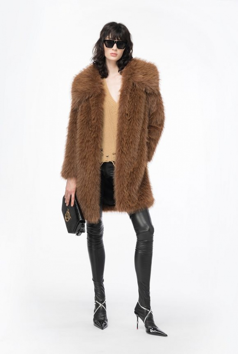 Pinko Fur-effect Pea Coat SOIL BROWN | SN-PKO33671