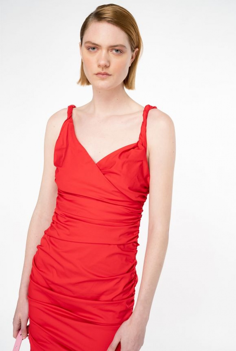 Pinko Gathered Technical Satin Mini Dress FORMULA1 RED | SN-PKO32968