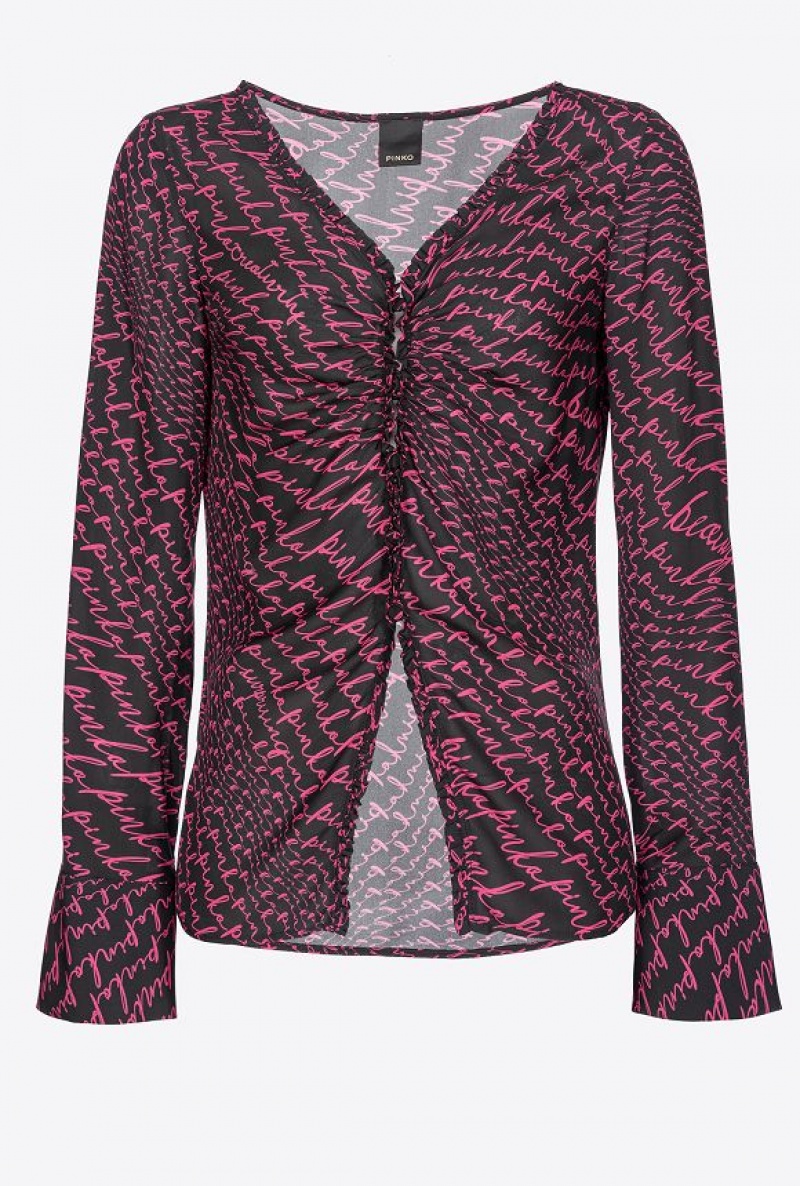 Pinko Georgette Blouse With Fluid Logo Print BLACK/FUCHSIA | SN-PKO33197