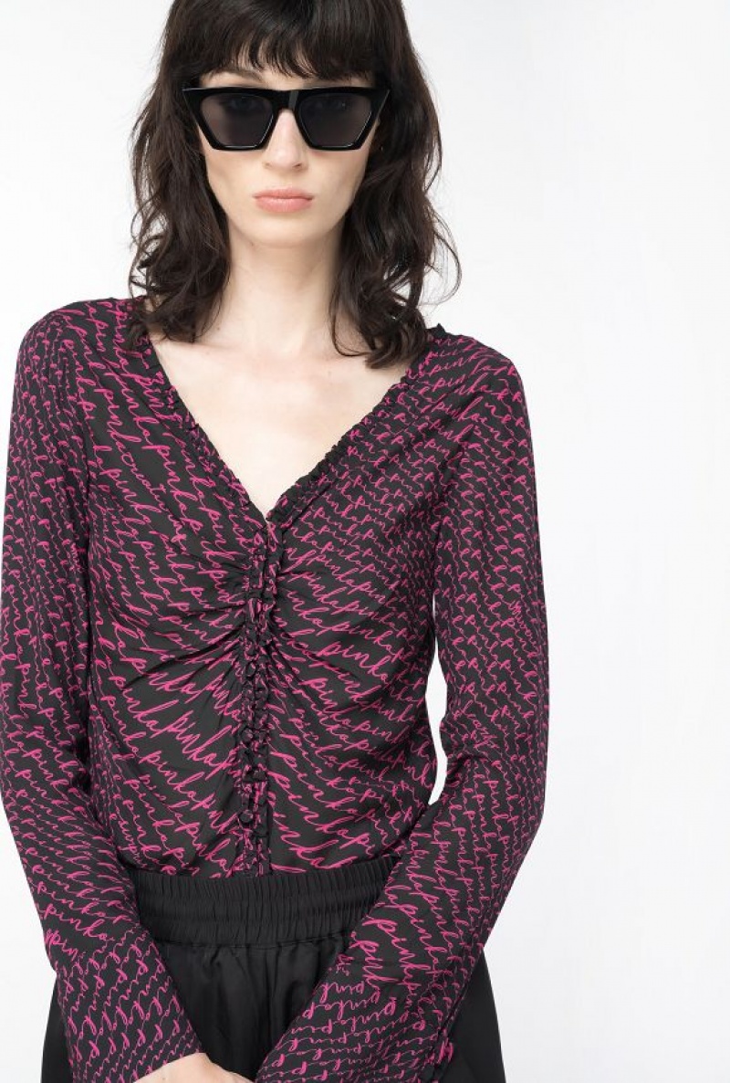 Pinko Georgette Blouse With Fluid Logo Print BLACK/FUCHSIA | SN-PKO33197