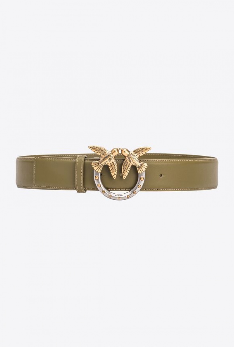 Pinko High-waist Love Birds Belt With Studs 4cm FIR GREEN-ANTIQUE GOLD | SN-PKO34244