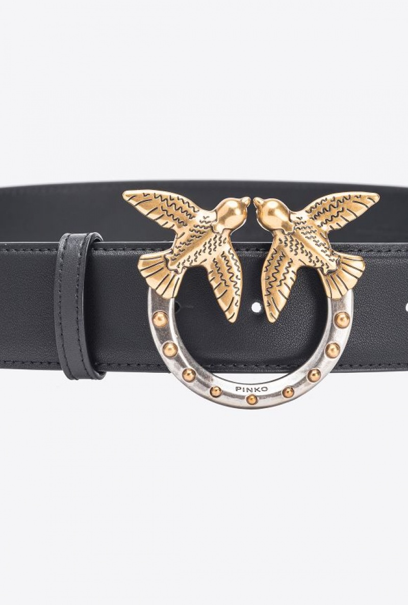 Pinko High-waist Love Birds Belt With Studs 4cm BLACK-ANTIQUE GOLD | SN-PKO34247