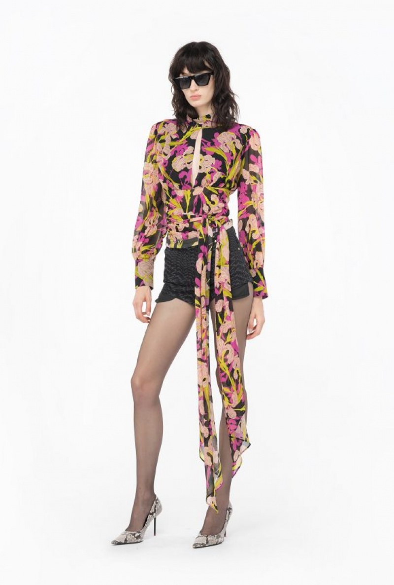 Pinko Iris-print Blouse With Cut-out MULTICOLOUR - BLACK/FUCHSIA | SN-PKO33201