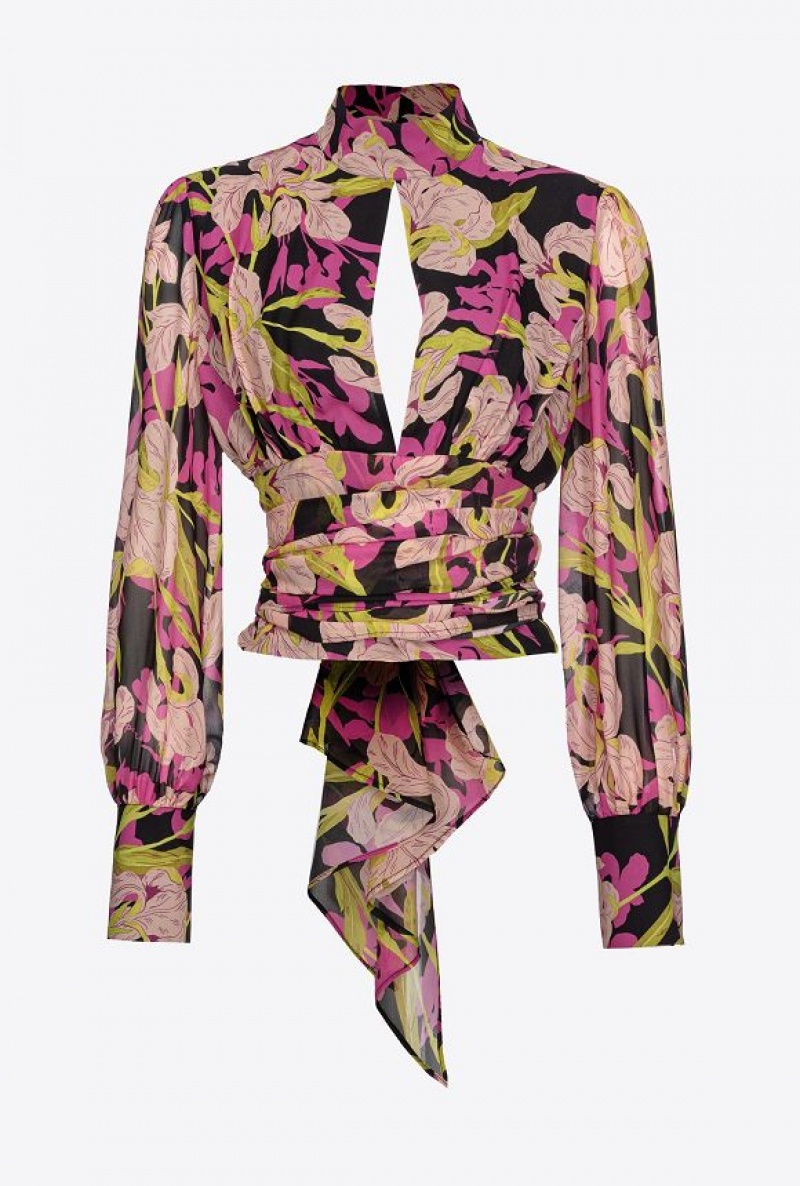 Pinko Iris-print Blouse With Cut-out MULTICOLOUR - BLACK/FUCHSIA | SN-PKO33201