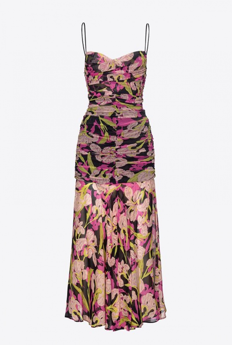 Pinko Iris-print Calf-length Dress MULTICOLOUR - BLACK/FUCHSIA | SN-PKO33122