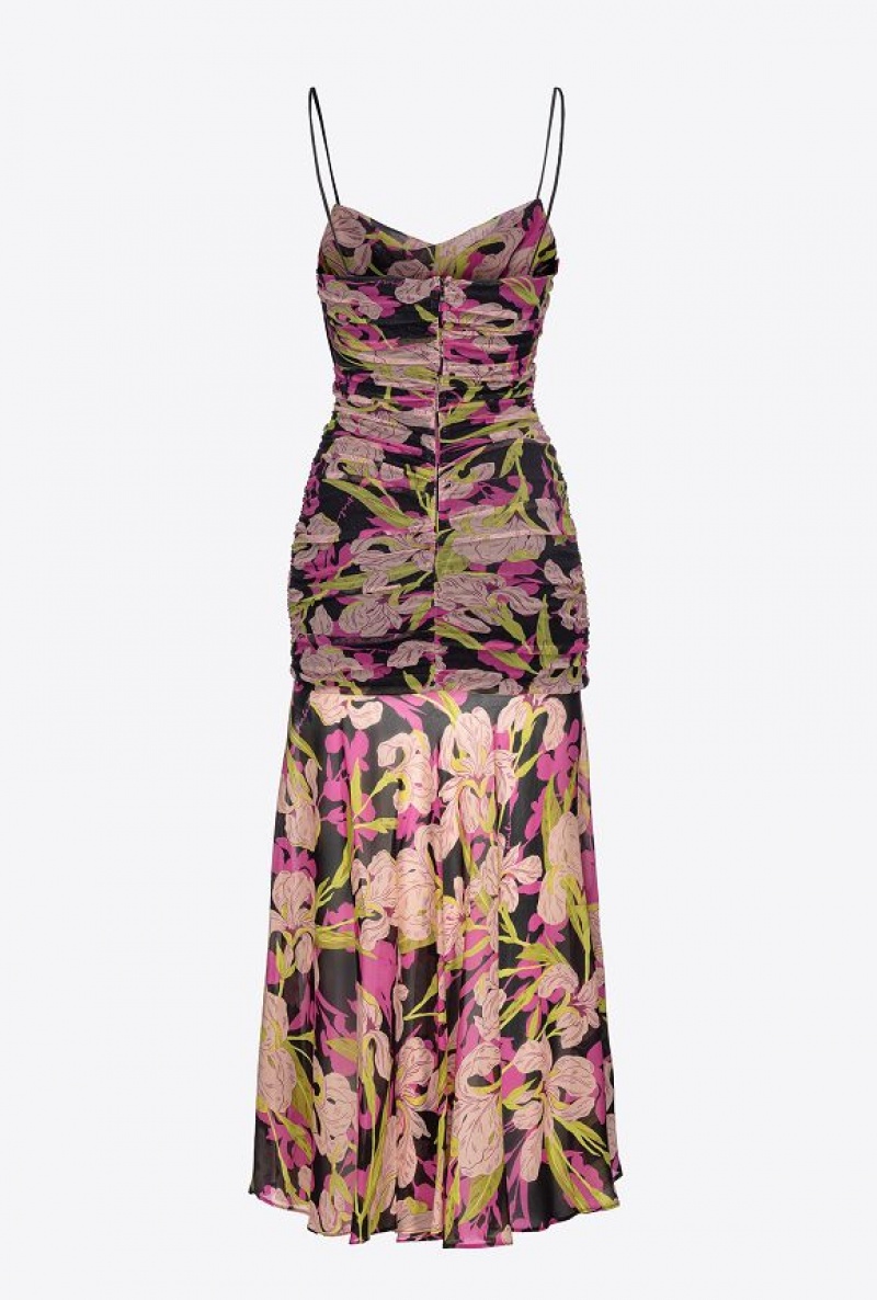 Pinko Iris-print Calf-length Dress MULTICOLOUR - BLACK/FUCHSIA | SN-PKO33122