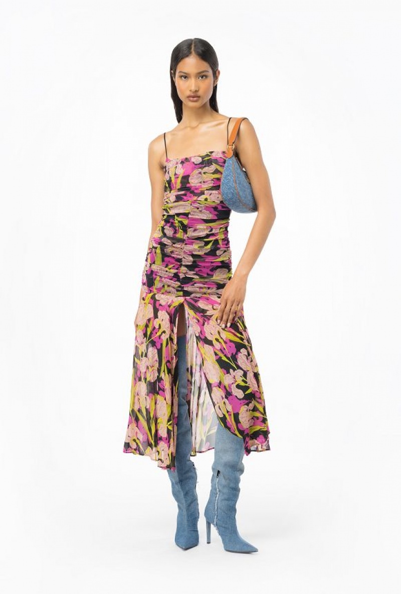 Pinko Iris-print Calf-length Dress MULTICOLOUR - BLACK/FUCHSIA | SN-PKO33122