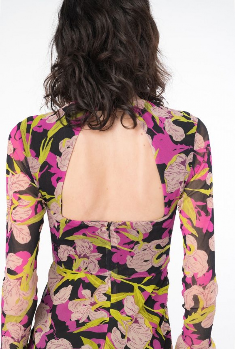 Pinko Iris-print Open-back Dress MULTICOLOUR - BLACK/FUCHSIA | SN-PKO33124