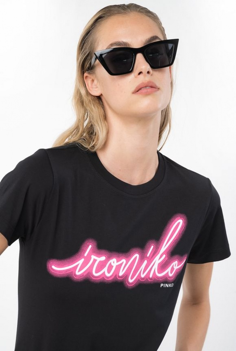 Pinko Ironiko-print T-shirt BLACK/FUCHSIA | SN-PKO33343