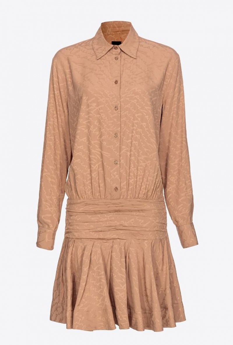 Pinko Jacquard Shirt Dress With Fluid Logo DARK LATTE | SN-PKO33004